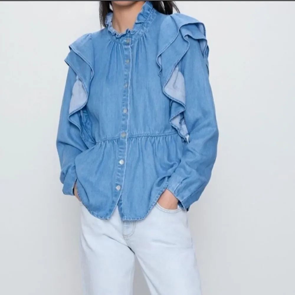 NWT ZARA Ruffle Shoulder Denim Button Peplum Top S
